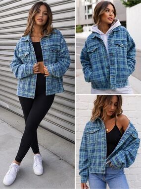 Olivia Jade x Princess Polly Women M/L Blue Green Plaid Oversized Denim Jacket